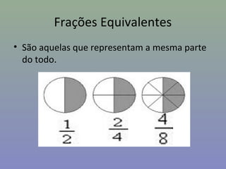 Frações Equivalentes
• São aquelas que representam a mesma parte
do todo.
 