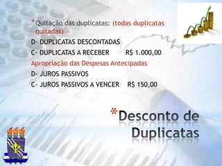 Desconto de DuplicatasQuitação das duplicatas: (todas duplicatas quitadas)D- DUPLICATAS DESCONTADASC- DUPLICATAS A RECEBER        R$ 1.000,00Apropriação das Despesas AntecipadasD- JUROS PASSIVOSC- JUROS PASSIVOS A VENCER    R$ 150,00