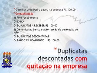 Duplicatas descontadas com quitação na empresaO senhor João Pedro pagou na empresa R$ 100,00.Contabilização1) Pelo recebimentoD- CAIXAC- DUPLICATAS A RECEBER R$ 100,002) Comunica ao banco e autorização de devolução do valorD- DUPLICATAS DESCONTADASC- BANCO C/ MOVIMENTO    R$ 100,00