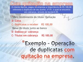 Exemplo – Operação de duplicatas com quitação na empresa.Com quitação na empresaO cliente Marcos, pagou na empresa a importância de R$ 100,00 referente à duplicata de seu aceite, nº 01, a qual se encontra em cobrança, através do borderô 05. Pelo recebimento do título– QuitaçãoD- CaixaC- Duplicatas a receber    R$ 100,00 Baixa do título junto ao bancoD- Endosso p/ cobrançaC- Títulos em cobrança     R$ 100,00