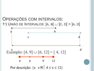 OPERAÇÕES COM INTERVALOS:
1º) UNIÃO DE INTERVALOS: ]A, B[  ]C, D[ = ]A, D[
a b
c d
a d
4 6 9 12
Exemplo: [4, 9]  [6, 12] = [ 4, 12]
Por descrição: {x  4  x  12}
 