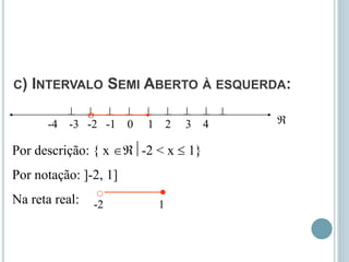 C) INTERVALO SEMI ABERTO À ESQUERDA:
        
-4 -3 -2 -1 0 1 2 3 4
Por descrição: { x -2 < x  1}
Por notação: ]-2, 1]
Na reta real: -2 1



 