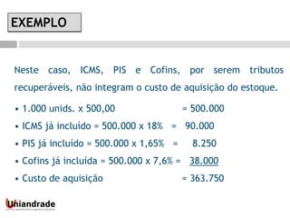 Neste caso, ICMS, PIS e Cofins, por serem tributos
recuperáveis, não integram o custo de aquisição do estoque.
• 1.000 unids. x 500,00 = 500.000
• ICMS já incluído = 500.000 x 18% = 90.000
• PIS já incluído = 500.000 x 1,65% = 8.250
• Cofins já incluída = 500.000 x 7,6% = 38.000
• Custo de aquisição = 363.750
EXEMPLO
 