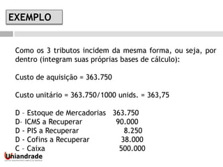 Como os 3 tributos incidem da mesma forma, ou seja, por
dentro (integram suas próprias bases de cálculo):
Custo de aquisição = 363.750
Custo unitário = 363.750/1000 unids. = 363,75
D – Estoque de Mercadorias 363.750
D– ICMS a Recuperar 90.000
D - PIS a Recuperar 8.250
D - Cofins a Recuperar 38.000
C – Caixa 500.000
EXEMPLO
 