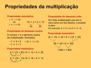 Propriedades da multiplicação
Propriedade comutativa:
5 × 3 = 15
ou
3 × 5 = 15
10 × 3 = 3 × 10
30 30
Propriedade do elemento neutro:
O número 1 é o elemento neutro
da multiplicação. Exemplos:
• 1 × 5 = 5
• 7 × 1 = 7
• 12 × 1 = 12
Propriedade do elemento nulo:
Em toda multiplicação que tem o
zero como um dos fatores, o produto
é zero.
Propriedade associativa:
(6 × 15) × 20 = 6 × (15 × 20)
90 × 20 = 6 × 300
1 800 = 1 800
Propriedade distributiva:
5 × (12 + 25) =5 × 12 + 5 × 25
6 × (18 – 13) =6 × 18 – 6 × 13
Por exemplo: 6 × 0 = 0 e 0 × 4 = 0.
 