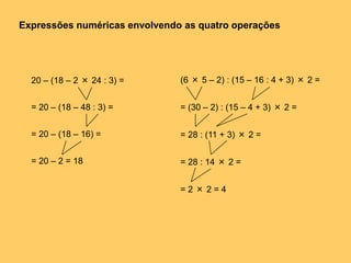 Expressões numéricas envolvendo as quatro operações
20 – (18 – 2 × 24 : 3) =
= 20 – (18 – 48 : 3) =
= 20 – (18 – 16) =
= 20 – 2 = 18
(6 × 5 – 2) : (15 – 16 : 4 + 3) × 2 =
= (30 – 2) : (15 – 4 + 3) × 2 =
= 28 : (11 + 3) × 2 =
= 28 : 14 × 2 =
= 2 × 2 = 4
 