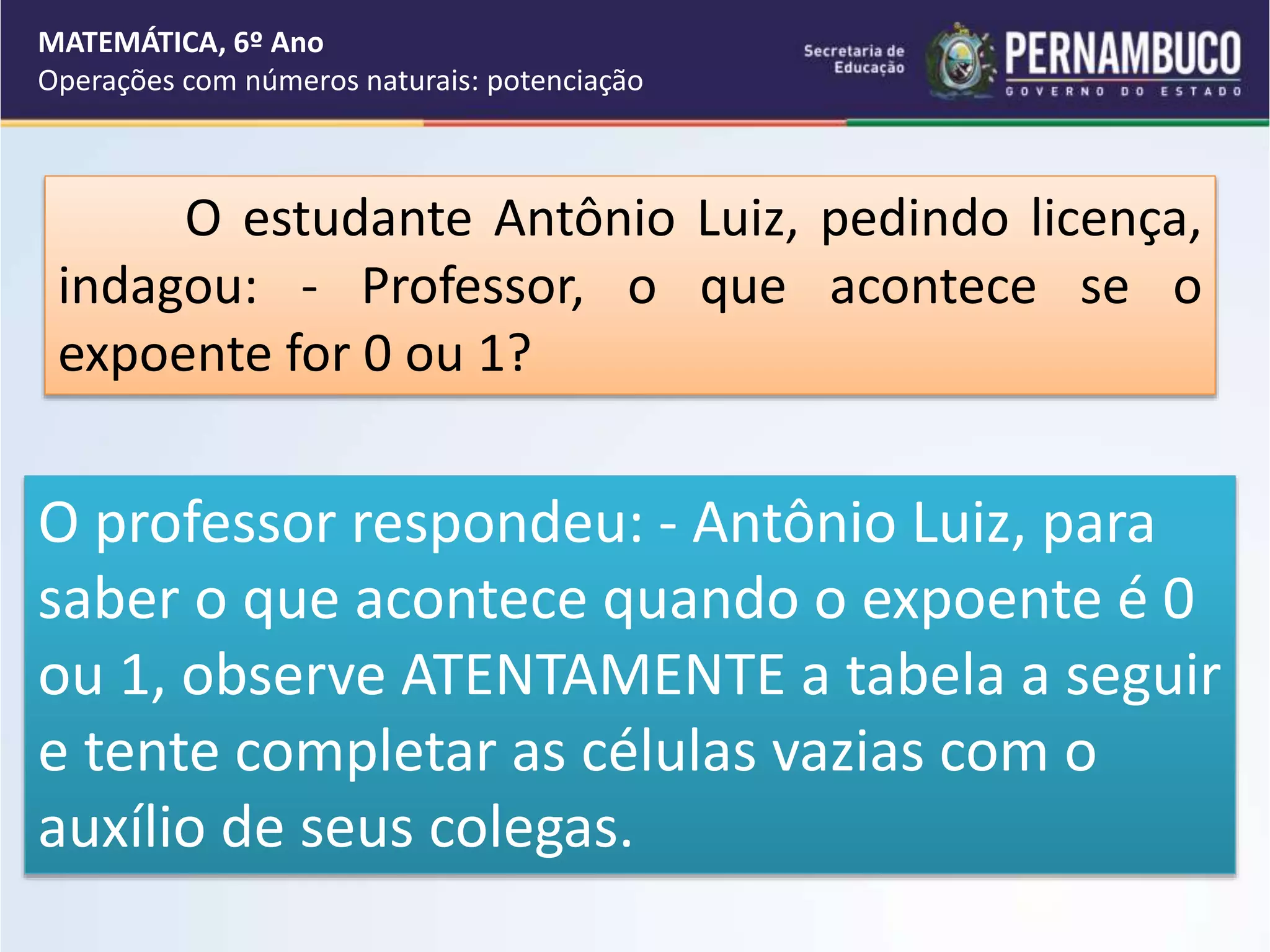 O estudante Antônio Luiz, pedindo licença,
indagou: - Professor, o que acontece se o
expoente for 0 ou 1?
O professor respondeu: - Antônio Luiz, para
saber o que acontece quando o expoente é 0
ou 1, observe ATENTAMENTE a tabela a seguir
e tente completar as células vazias com o
auxílio de seus colegas.
MATEMÁTICA, 6º Ano
Operações com números naturais: potenciação
 