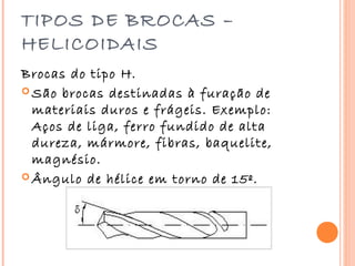 TIPOS DE BROCAS –
HELICOIDAIS
Brocas do tipo H.
 São brocas destinadas à furação de
  materiais duros e frágeis. Exemplo:
  Aços de liga, ferro fundido de alta
  dureza, mármore, fibras, baquelite,
  magnésio.
 Ângulo de hélice em torno de 15 º.
 