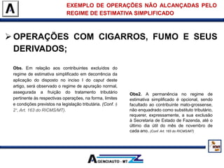  OPERAÇÕES COM CIGARROS, FUMO E SEUS
DERIVADOS;
EXEMPLO DE OPERAÇÕES NÃO ALCANÇADAS PELO
REGIME DE ESTIMATIVA SIMPLIFICADO
Obs. Em relação aos contribuintes excluídos do
regime de estimativa simplificado em decorrência da
aplicação do disposto no inciso I do caput deste
artigo, será observado o regime de apuração normal,
assegurada a fruição do tratamento tributário
pertinente às respectivas operações, na forma, limites
e condições previstos na legislação tributária. (Conf. §
2°, Art. 163 do RICMS/MT).
Obs2. A permanência no regime de
estimativa simplificado é opcional, sendo
facultado ao contribuinte mato-grossense,
não enquadrado como substituto tributário,
requerer, expressamente, a sua exclusão
à Secretaria de Estado de Fazenda, até o
último dia útil do mês de novembro de
cada ano. (Conf. Art. 165 do RICMS/MT)
 
