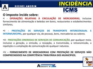O imposto incide sobre:
•I - OPERAÇÕES RELATIVAS À CIRCULAÇÃO DE MERCADORIAS, inclusive
fornecimento de alimentação e bebidas em bares, restaurantes e estabelecimentos
similares;
•II - PRESTAÇÕES DE SERVIÇOS DE TRANSPORTE INTERESTADUAL E
INTERMUNICIPAL, por qualquer via, de pessoas, bens, mercadorias ou valores.
•III - PRESTAÇÕES ONEROSAS DE SERVIÇOS DE COMUNICAÇÃO, por qualquer meio,
inclusive a geração, a emissão, a recepção, a transmissão, a retransmissão, a
repetição e a ampliação de comunicação de qualquer natureza.
•IV – FORNECIMENTO DE MERCADORIAS COM PRESTAÇÃO DE SERVIÇOS NÃO
COMPREENDIDOS NA COMPETÊNCIA TRIBUTÁRIA DOS MUNICÍPIOS;
ICMS
 