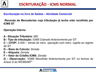 ESCRITURAÇÃO - ICMS NORMAL
Escrituração no livro de Saídas – Atividade Comercial
Revenda de Mercadorias cuja tributação já tenha sido recolhida por
ICMS ST
Operação Interna
A - Situação Tributária: 060
B - Tipo de tributação: ICMS Cobrado Anteriormente por ST
C – CFOP: 5.405 – Venda de merc. operação com merc. sujeita ao regime
de ST.
D – Base de Calculo: Zerada
E – Alíquota: Zerada
F – Valor do Crédito ICMS: Zerada
G – Observação: “ICMS Recolhido Anteriormente por ST, no termos do
Anexo X do RICMS/MT”
ESCRITURAÇÃO - ICMS NORMAL
 