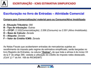 ESCRITURAÇÃO - ICMS ESTIMATIVA SIMPLIFICADO
Escrituração no livro de Entradas – Atividade Comercial
Compra para Comercialização/ material para ou Consumo/Ativo Imobilizado
A - Situação Tributária: 090
B - Tipo de tributação: Outras
C – CFOP: 2.102(Comercialização), 2.556 (Consumo) ou 2.551 (Ativo Imobilizado).
D – Base de Calculo: Zerada
E – Alíquota: Zerada
F – Valor do Crédito ICMS: Zerada
As Notas Fiscais que acobertarem entradas de mercadorias sujeitas ao
recolhimento do imposto pelo regime de estimativa simplificado, serão lançadas no
livro Registro de Entradas, na coluna “Outras”, de que trata a alínea b do inciso VII
do § 3° do artigo 390, vedada a utilização do crédito do imposto neles destacado.
(Conf. § 1° do Art. 169 do RICMS/MT)
 