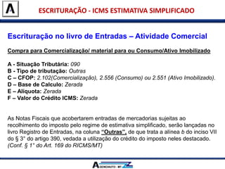 ESCRITURAÇÃO - ICMS ESTIMATIVA SIMPLIFICADO
Escrituração no livro de Entradas – Atividade Comercial
Compra para Comercialização/ material para ou Consumo/Ativo Imobilizado
A - Situação Tributária: 090
B - Tipo de tributação: Outras
C – CFOP: 2.102(Comercialização), 2.556 (Consumo) ou 2.551 (Ativo Imobilizado).
D – Base de Calculo: Zerada
E – Alíquota: Zerada
F – Valor do Crédito ICMS: Zerada
As Notas Fiscais que acobertarem entradas de mercadorias sujeitas ao
recolhimento do imposto pelo regime de estimativa simplificado, serão lançadas no
livro Registro de Entradas, na coluna “Outras”, de que trata a alínea b do inciso VII
do § 3° do artigo 390, vedada a utilização do crédito do imposto neles destacado.
(Conf. § 1° do Art. 169 do RICMS/MT)
 