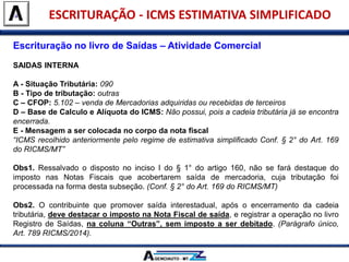 ESCRITURAÇÃO - ICMS ESTIMATIVA SIMPLIFICADO
Escrituração no livro de Saídas – Atividade Comercial
SAIDAS INTERNA
A - Situação Tributária: 090
B - Tipo de tributação: outras
C – CFOP: 5.102 – venda de Mercadorias adquiridas ou recebidas de terceiros
D – Base de Calculo e Alíquota do ICMS: Não possui, pois a cadeia tributária já se encontra
encerrada.
E - Mensagem a ser colocada no corpo da nota fiscal
“ICMS recolhido anteriormente pelo regime de estimativa simplificado Conf. § 2° do Art. 169
do RICMS/MT”
Obs1. Ressalvado o disposto no inciso I do § 1° do artigo 160, não se fará destaque do
imposto nas Notas Fiscais que acobertarem saída de mercadoria, cuja tributação foi
processada na forma desta subseção. (Conf. § 2° do Art. 169 do RICMS/MT)
Obs2. O contribuinte que promover saída interestadual, após o encerramento da cadeia
tributária, deve destacar o imposto na Nota Fiscal de saída, e registrar a operação no livro
Registro de Saídas, na coluna “Outras”, sem imposto a ser debitado. (Parágrafo único,
Art. 789 RICMS/2014).
 