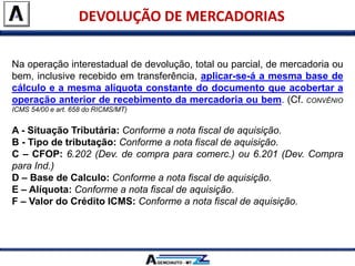 Na operação interestadual de devolução, total ou parcial, de mercadoria ou
bem, inclusive recebido em transferência, aplicar-se-á a mesma base de
cálculo e a mesma alíquota constante do documento que acobertar a
operação anterior de recebimento da mercadoria ou bem. (Cf. CONVÊNIO
ICMS 54/00 e art. 658 do RICMS/MT)
A - Situação Tributária: Conforme a nota fiscal de aquisição.
B - Tipo de tributação: Conforme a nota fiscal de aquisição.
C – CFOP: 6.202 (Dev. de compra para comerc.) ou 6.201 (Dev. Compra
para Ind.)
D – Base de Calculo: Conforme a nota fiscal de aquisição.
E – Alíquota: Conforme a nota fiscal de aquisição.
F – Valor do Crédito ICMS: Conforme a nota fiscal de aquisição.
DEVOLUÇÃO DE MERCADORIAS
 
