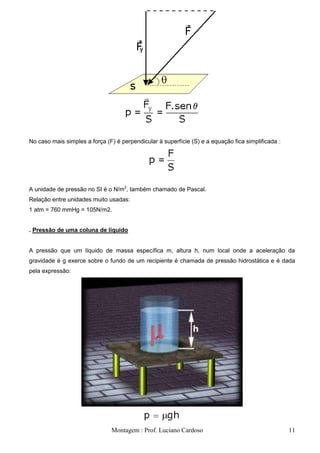 No caso mais simples a força (F) é perpendicular à superfície (S) e a equação fica simplificada :




A unidade de pressão no SI é o N/m2, também chamado de Pascal.
Relação entre unidades muito usadas:
1 atm = 760 mmHg = 105N/m2.


. Pressão de uma coluna de líquido


A pressão que um líquido de massa específica m, altura h, num local onde a aceleração da
gravidade é g exerce sobre o fundo de um recipiente é chamada de pressão hidrostática e é dada
pela expressão:




                               Montagem : Prof. Luciano Cardoso                                     11
 