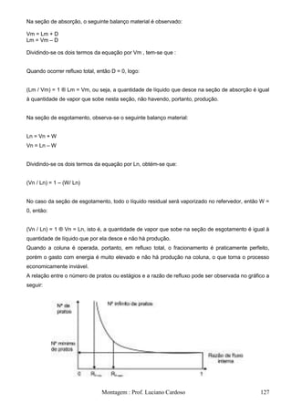 Na seção de absorção, o seguinte balanço material é observado:

Vm = Lm + D
Lm = Vm – D

Dividindo-se os dois termos da equação por Vm , tem-se que :


Quando ocorrer refluxo total, então D = 0, logo:


(Lm / Vm) = 1 ® Lm = Vm, ou seja, a quantidade de líquido que desce na seção de absorção é igual
à quantidade de vapor que sobe nesta seção, não havendo, portanto, produção.


Na seção de esgotamento, observa-se o seguinte balanço material:


Ln = Vn + W
Vn = Ln – W


Dividindo-se os dois termos da equação por Ln, obtém-se que:


(Vn / Ln) = 1 – (W/ Ln)


No caso da seção de esgotamento, todo o líquido residual será vaporizado no refervedor, então W =
0, então:


(Vn / Ln) = 1 ® Vn = Ln, isto é, a quantidade de vapor que sobe na seção de esgotamento é igual à
quantidade de líquido que por ela desce e não há produção.
Quando a coluna é operada, portanto, em refluxo total, o fracionamento é praticamente perfeito,
porém o gasto com energia é muito elevado e não há produção na coluna, o que torna o processo
economicamente inviável.
A relação entre o número de pratos ou estágios e a razão de refluxo pode ser observada no gráfico a
seguir:




                               Montagem : Prof. Luciano Cardoso                                127
 