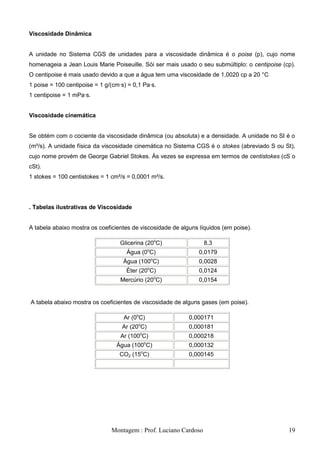 Viscosidade Dinâmica


A unidade no Sistema CGS de unidades para a viscosidade dinâmica é o poise (p), cujo nome
homenageia a Jean Louis Marie Poiseuille. Sói ser mais usado o seu submúltiplo: o centipoise (cp).
O centipoise é mais usado devido a que a água tem uma viscosidade de 1,0020 cp a 20 °C
1 poise = 100 centipoise = 1 g/(cm·s) = 0,1 Pa·s.
1 centipoise = 1 mPa·s.


Viscosidade cinemática


Se obtém com o cociente da viscosidade dinâmica (ou absoluta) e a densidade. A unidade no SI é o
(m²/s). A unidade física da viscosidade cinemática no Sistema CGS é o stokes (abreviado S ou St),
cujo nome provém de George Gabriel Stokes. Às vezes se expressa em termos de centistokes (cS o
cSt).
1 stokes = 100 centistokes = 1 cm²/s = 0,0001 m²/s.




. Tabelas ilustrativas de Viscosidade


A tabela abaixo mostra os coeficientes de viscosidade de alguns líquidos (em poise).

                                   Glicerina (20oC)                   8,3
                                                      o
                                     Água (0 C)                      0,0179
                                                          o
                                    Água (100 C)                     0,0028
                                                      o
                                     Éter (20 C)                     0,0124
                                                              o
                                   Mercúrio (20 C)                   0,0154


A tabela abaixo mostra os coeficientes de viscosidade de alguns gases (em poise).

                                    Ar (0oC)                      0,000171
                                          o
                                   Ar (20 C)                      0,000181
                                          o
                                   Ar (100 C)                     0,000218
                                                  o
                                 Água (100 C)                     0,000132
                                              o
                                  CO2 (15 C)                      0,000145




                               Montagem : Prof. Luciano Cardoso                                19
 