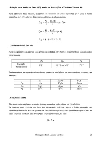 . Relação entre Vazão em Peso (QG), Vazão em Massa (Qm) e Vazão em Volume (Q)


Para obtenção desta relação, evocamos os conceitos de peso específico (γ = G/V) e massa
específica (ρ = m/v), através dos mesmos, obtemos a relação deseja.




. Unidades de QG, Qm e Q


Para que possamos evocar as suas principais unidades, introduzimos inicialmente as suas equações
dimensionais.




Conhecendo-se as equações dimensionais, podemos estabelecer as suas principais unidades, por
exemplo:




. Cálculos da vazão


São ainda muito usadas as unidades litro por segundo e metro cúbico por hora (m3/h).
Se tivermos num condutor um fluido em escoamento uniforme, isto é, o fluido escoando com
velocidade constante, a vazão poderá ser calculada multiplicando-se a velocidade (v) do fluido, em
dada seção do condutor, pela área (A) da seção considerada, ou seja:


                                             Q = A .v




                              Montagem : Prof. Luciano Cardoso                                 25
 