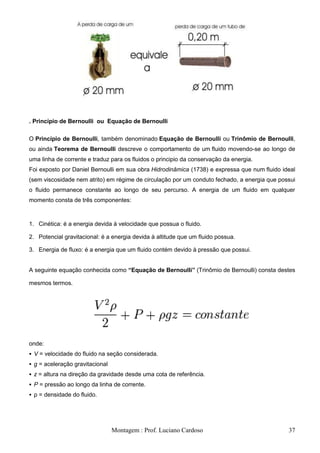 . Princípio de Bernoulli ou Equação de Bernoulli

O Princípio de Bernoulli, também denominado Equação de Bernoulli ou Trinômio de Bernoulli,
ou ainda Teorema de Bernoulli descreve o comportamento de um fluido movendo-se ao longo de
uma linha de corrente e traduz para os fluidos o principio da conservação da energia.
Foi exposto por Daniel Bernoulli em sua obra Hidrodinâmica (1738) e expressa que num fluido ideal
(sem viscosidade nem atrito) em régime de circulação por um conduto fechado, a energia que possui
o fluido permanece constante ao longo de seu percurso. A energia de um fluido em qualquer
momento consta de três componentes:



1. Cinética: é a energia devida à velocidade que possua o fluido.

2. Potencial gravitacional: é a energia devida à altitude que um fluido possua.

3. Energia de fluxo: é a energia que um fluido contém devido à pressão que possui.


A seguinte equação conhecida como “Equação de Bernoulli” (Trinômio de Bernoulli) consta destes

mesmos termos.




onde:
 V = velocidade do fluido na seção considerada.
 g = aceleração gravitacional
 z = altura na direção da gravidade desde uma cota de referência.
 P = pressão ao longo da linha de corrente.
 ρ = densidade do fluido.




                                 Montagem : Prof. Luciano Cardoso                             37
 
