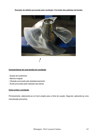 Exemplo de defeito provocado pela cavitação: Corrosão das palhetas da bomba




Características de uma bomba em cavitação


- Queda de rendimento
- Marcha irregular
- Vibração provocada pelo desbalanceamento
- Ruído provocado pela implosão das bolhas


Como evitar a cavitação


Primeiramente, elaborando-se um bom projeto para a linha de sucção. Segundo, aplicando-se uma
manutenção preventiva.




                            Montagem : Prof. Luciano Cardoso                              63
 