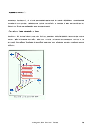 . CONTATO INDIRETO



Neste tipo de trocador , os fluidos permanecem separados e o calor é transferido continuamente
através de uma parede , pela qual se realiza a transferência de calor. E eles se classificam em
trocadores de transferência direta e de armazenamento.

. Trocadores de de transferência direta


Neste tipo , há um fluxo continuo de calor do fluido quente ao fluido frio através de um parede que os
separa. Não há mistura entre eles, pois cada corrente permanece em passagem distintas, e os
principais tipos são os de placas de superfície estendida e os tubulares. que será objeto de nossos
estudos.




                               Montagem : Prof. Luciano Cardoso                                    98
 