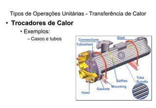 Tipos de Operações Unitárias - Transferência de Calor
•• Trocadores de CalorTrocadores de Calor
• Exemplos:
– Casco e tubos
 