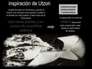 La inspiración de Utzon:
surgió durante un almuerzo, cuando al
tomar una naranja como postre, la peló y
la dividió en ocho partes. Cada trozo de la
fruta tenía
dos caras planas y un
octavo de superficie
esférica
imaginando un enorme
velerodispuesto
para emprender viaje
desde la bella bahía
de Sidney.
CONSTRUCCION
EXPRESIONISTA
Y VANGUARDIA
 