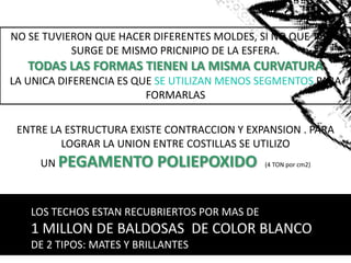 NO SE TUVIERON QUE HACER DIFERENTES MOLDES, SI NO QUE TODO
SURGE DE MISMO PRICNIPIO DE LA ESFERA.
TODAS LAS FORMAS TIENEN LA MISMA CURVATURA
LA UNICA DIFERENCIA ES QUE SE UTILIZAN MENOS SEGMENTOS PARA
FORMARLAS
ENTRE LA ESTRUCTURA EXISTE CONTRACCION Y EXPANSION . PARA
LOGRAR LA UNION ENTRE COSTILLAS SE UTILIZO
UN PEGAMENTO POLIEPOXIDO (4 TON por cm2)
LOS TECHOS ESTAN RECUBRIERTOS POR MAS DE
1 MILLON DE BALDOSAS DE COLOR BLANCO
DE 2 TIPOS: MATES Y BRILLANTES
 