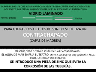 LA POSIBILIDAD DE QUE ALGUNA BALDOSA CAEGA Y PUEDA CAUSAR ALGÚN ACCIDENTE ES
CONSTANTE, POR ESTO LAS GRANDES SUPERFICIES ACRISTALADAS CUENTAN CON UN
VIDRIO LAMINADO
VidriosPelícula plástica
PARA LOGRAR LOS EFECTOS DE SONIDO SE UTILIZA UN
CONTRACHAPADO
(CAPAS DE MADREA)
EN EL INTERIOR DE LAS SALAS SE ALCANZAN ALTAS TEMPERATURAS POR LA CONGREGACIÓN DE
PERSONAS, TODO EL TIEMPO SE UTILIZA EL AIRE ACONDICIONADO…
EL AGUA DE MAR ENFRÍA EL TEATRO; ENTRA A LOS DUCTOS QUE CONTIENEN AGUA
DULCE, LA ENFRÍA Y SALE DE NUEVO.
SE INTRODUCE UNA PIEZA DE ZINC QUE EVITA LA
CORROSIÓN DE LAS TUBERÍAS .
 