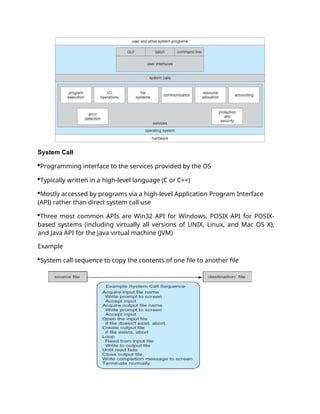 System Call
Programming interface to the services provided by the OS
Typically written in a high-level language (C or C++)
Mostly accessed by programs via a high-level Application Program Interface
(API) rather than direct system call use
Three most common APIs are Win32 API for Windows, POSIX API for POSIX-
based systems (including virtually all versions of UNIX, Linux, and Mac OS X),
and Java API for the Java virtual machine (JVM)
Example
System call sequence to copy the contents of one file to another file
 