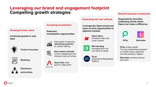 Supported by favorable
underlying trends where
Opera can make a difference
Selected business investments
Leveraging our brand and engagement footprint
Compelling growth strategies
Early stage of capturing
advertising potential
on content offering
New content verticals
to drive engagement and
introduce new ad formats
Extensive
monetization opportunities
Opera Ads initial
launch in May 2019
Increasing monetization
29
Product innovation
Continued growth in user
base
Growing browser users
Distribution
partnerships
Marketing
Leverage the Opera brand and
users to drive opportunities in
adjacent markets
Expanding into new verticals
OPay scaling rapidly
The ever-expanding ecosystem
of mobile money, payments,
and ride-sharing in Nigeria
Starmaker growing revenue
and users
OPay
Microlending
leveraging the trust
and reach of Opera
OList
Streamlined Marketplace
Platform
Opera News
Increased video and
music content Starmaker
 