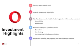 Leading global Internet brand
At-scale monetization and growth
Significant opportunities to drive further expansion within existing business:
∙ Users/MAU’s
∙ Monetization
New and exciting eco-system expansion:
∙ Opera News
∙ Microlending
∙ New Initiatives (OList/European Fintech)
Proven and profitable, with expected long-term expansion potential
1
2
3
4
5
Investment
Highlights
6
 