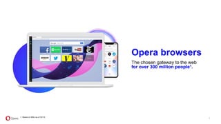 Opera browsers
The chosen gateway to the web
for over 300 million people1.
7
1. Based on MAU as of Q4‘19.
 