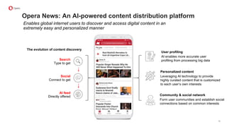 Search
Type to get
Social
Connect to get
AI feed
Directly offered
User profiling
AI enables more accurate user
profiling from processing big data
Personalized content
Leveraging AI technology to provide
highly curated content that is customized
to each user’s own interests
Community & social network
Form user communities and establish social
connections based on common interests
Opera News: An AI-powered content distribution platform
Enables global internet users to discover and access digital content in an
extremely easy and personalized manner
The evolution of content discovery
16
 