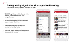 Increasing quality of local content discovery
● Establishing «AI supervision teams» in key
markets to further strengthen local
competitiveness
● AI training in local language (supervised
learning based algorithm)
● Machine-assisted article creation to
summarize trending topics
● New-user flow to optimize first experience
and accelerate learning
Strengthening algorithms with supervised learning
24
 