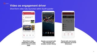 Video as engagement driver
Prompt to use to add
interest
Refresh inside feed for
continuous updates on
subscribed content
Score notifications tied
with subscriptions
Short-form video
integrated in the feed
and on device’s home
page
Deeply connected with
user interests and
broader content library
Paired with viral trends
and expansion of social
dimension
Short-form video fully launched within fourth quarter
29
 