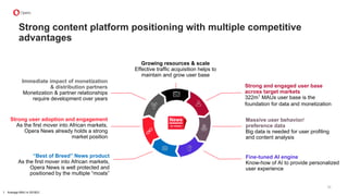 Growing resources & scale
Effective traffic acquisition helps to
maintain and grow user base
Strong and engaged user base
across target markets
322m1
MAUs user base is the
foundation for data and monetization
Massive user behavior/
preference data
Big data is needed for user profiling
and content analysis
Fine-tuned AI engine
Know-how of AI to provide personalized
user experience
“Best of Breed” News product
As the first mover into African markets,
Opera News is well protected and
positioned by the multiple “moats”
Strong user adoption and engagement
As the first mover into African markets,
Opera News already holds a strong
market position
Immediate impact of monetization
& distribution partners
Monetization & partner relationships
require development over years
1. Average MAU in 2018Q1.
33
Strong content platform positioning with multiple competitive
advantages
 