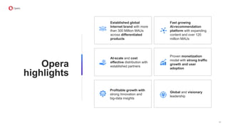 Proven monetization
model with strong traffic
growth and user
adoption
Global and visionary
leadership
Profitable growth with
strong Innovation and
big-data insights
Fast growing
AI-recommendation
platform with expanding
content and over 120
million MAUs
At-scale and cost
effective distribution with
established partners
Established global
Internet brand with more
than 300 Million MAUs
across differentiated
products
Opera
highlights
41
 