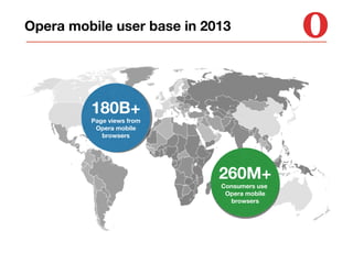 Opera mobile user base in 2013

180B+

Page views from
Opera mobile
browsers

260M+
Consumers use
Opera mobile
browsers

 