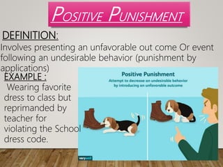 POSITIVE PUNISHMENT
Involves presenting an unfavorable out come Or event
following an undesirable behavior (punishment by
applications)
DEFINITION:
EXAMPLE :
Wearing favorite
dress to class but
reprimanded by
teacher for
violating the School
dress code.
 