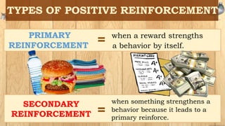 PRIMARY when a reward strengths
REINFORCEMENT a behavior by itself.
when something strengthens a
behavior because it leads to a
primary reinforce.
SECONDARY
REINFORCEMENT
 