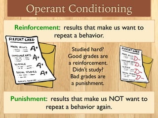 Operant Conditioning
Reinforcement: results that make us want to
repeat a behavior.
Punishment: results that make us NOT want to
repeat a behavior again.
Studied hard?
Good grades are
a reinforcement.
Didn’t study?
Bad grades are
a punishment.
 
