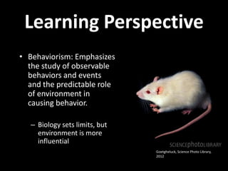 Learning Perspective
• Behaviorism: Emphasizes
  the study of observable
  behaviors and events
  and the predictable role
  of environment in
  causing behavior.

   – Biology sets limits, but
     environment is more
     influential
                                Goetgheluck, Science Photo Library,
                                2012
 