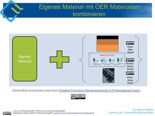 Dr. Bettina Waffner
Learning Lab – Universität Duisburg-Essen
cc by sa 4.0 Präsentation MINT-L-OER-amt von Lubna Ali und René Röpke.
Bearbeitet von Bettina Waffner für MainstreamingOER creativecommons.org/licenses/by-sa/4.0/legalcode.de
Eigenes
Material
Autor:
Max
Meyer
Autorin:
Sarah
Scholl
Autor:
Hans
Glück
Dieses Werk ist lizenziert unter einer Creative Commons Namensnennung 4.0 International Lizenz.
Eigenes Material mit OER Materialien
kombinieren
 
