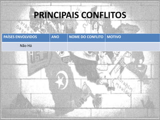 PRINCIPAIS CONFLITOS
PAÍSES ENVOLVIDOS
Não Há

ANO

NOME DO CONFLITO MOTIVO

 