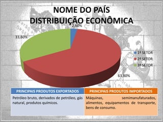 NOME DO PAÍS
DISTRIBUIÇÃO ECONÔMICA
2,60%
33,60%

1º SETOR
2º SETOR
3º SETOR
63,80%

PRINCIPAIS PRODUTOS EXPORTADOS

PRINCIPAIS PRODUTOS IMPORTADOS

Petróleo bruto, derivados de petróleo, gás Máquinas,
semimanufaturados,
natural, produtos químicos.
alimentos, equipamentos de transporte,
bens de consumo.

 
