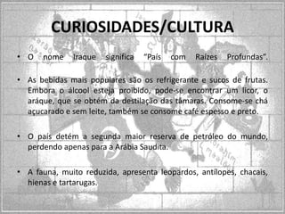CURIOSIDADES/CULTURA
• O

nome

Iraque

significa

“País

com

Raízes

Profundas”.

• As bebidas mais populares são os refrigerante e sucos de frutas.
Embora o álcool esteja proibido, pode-se encontrar um licor, o
aráque, que se obtém da destilação das tâmaras. Consome-se chá
açucarado e sem leite, também se consome café espesso e preto.
• O país detém a segunda maior reserva de petróleo do mundo,
perdendo apenas para a Arábia Saudita.
• A fauna, muito reduzida, apresenta leopardos, antílopes, chacais,
hienas e tartarugas.

 