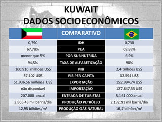 KUWAIT
DADOS SOCIOECONÔMICOS
COMPARATIVO
0,790

IDH

0,730

67,78%

PEA

69,88%

menor que 5%

POP. SUBNUTRIDA

6,9%

94,5%

TAXA DE ALFABETIZAÇÃO

90%

160.916 milhões US$

PIB

2,4 trilhões US$

57.102 US$

PIB PER CAPITA

12.594 US$

51.936,56 milhões US$

EXPORTAÇÃO

152.994,74 US$

não disponível

IMPORTAÇÃO

127.647,33 US$

207.000 anual

ENTRADA DE TURISTAS

5.161.000 anual

2.865,43 mil barris/dia

PRODUÇÃO PETRÓLEO

2.192,91 mil barris/dia

12,95 bilhões/m³

PRODUÇÃO GÁS NATURAL

16,7 bilhões/m³

 