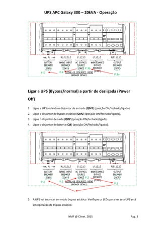 UPS APC Galaxy 300 – 20kVA - Operação
NMF @ Cilnet. 2015 Pag. 3
Ligar a UPS (Bypass/normal) a partir de desligada (Power
Off)
1. Ligue a UPS rodando o disjuntor de entrada (QM1) (posição ON/fechado/ligado).
2. Ligue o disjuntor de bypass estático (QM2) (posição ON/fechado/ligado).
3. Ligue o disjuntor de saída (QOP) (posição ON/fechado/ligado).
4. Ligue o disjuntor de bateria (QB) (posição ON/fechado/ligado).
5. A UPS vai arrancar em modo bypass estático. Verifique os LEDs para ver se a UPS está
em operação de bypass estático:
P.3a
P.3b
P.4P.5
P.3
P.2
P.1P.4
 